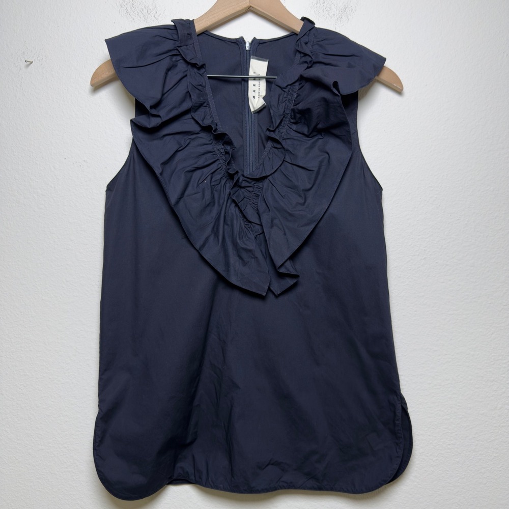 Marni Women Poplin Cotton Top 38 Navy Blue Ruffle V-Neck Old Money Minimalist